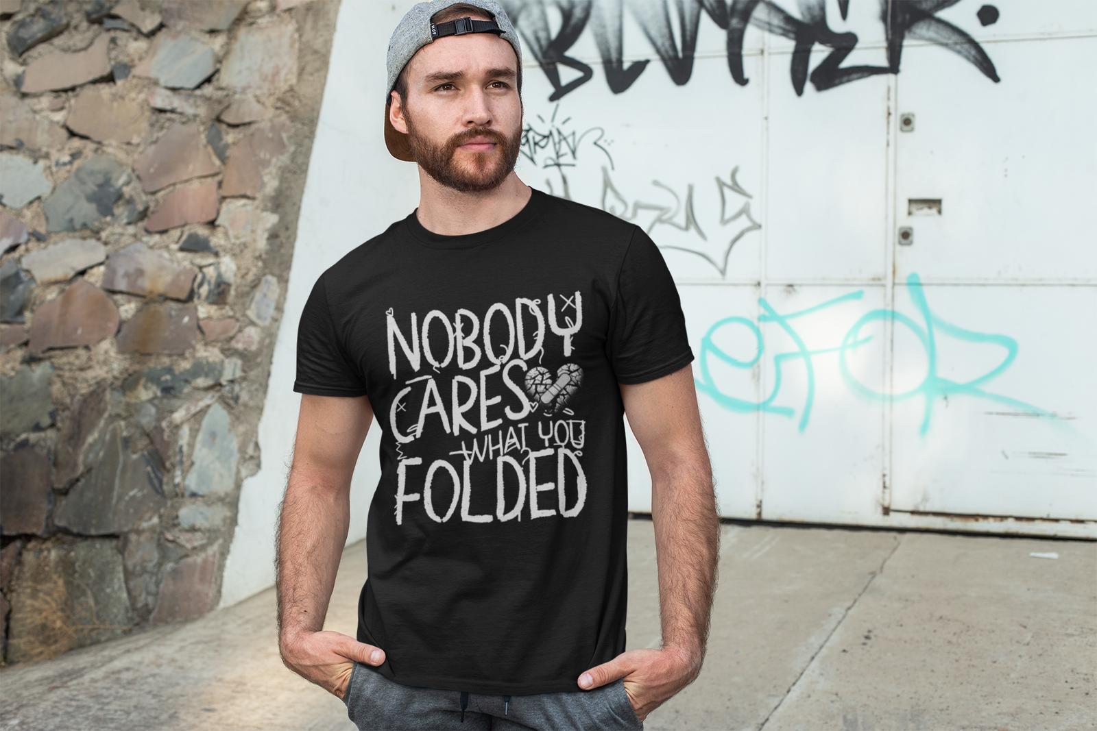 Nobody Cares (What You Folded) Black & White Heart Tee - Black